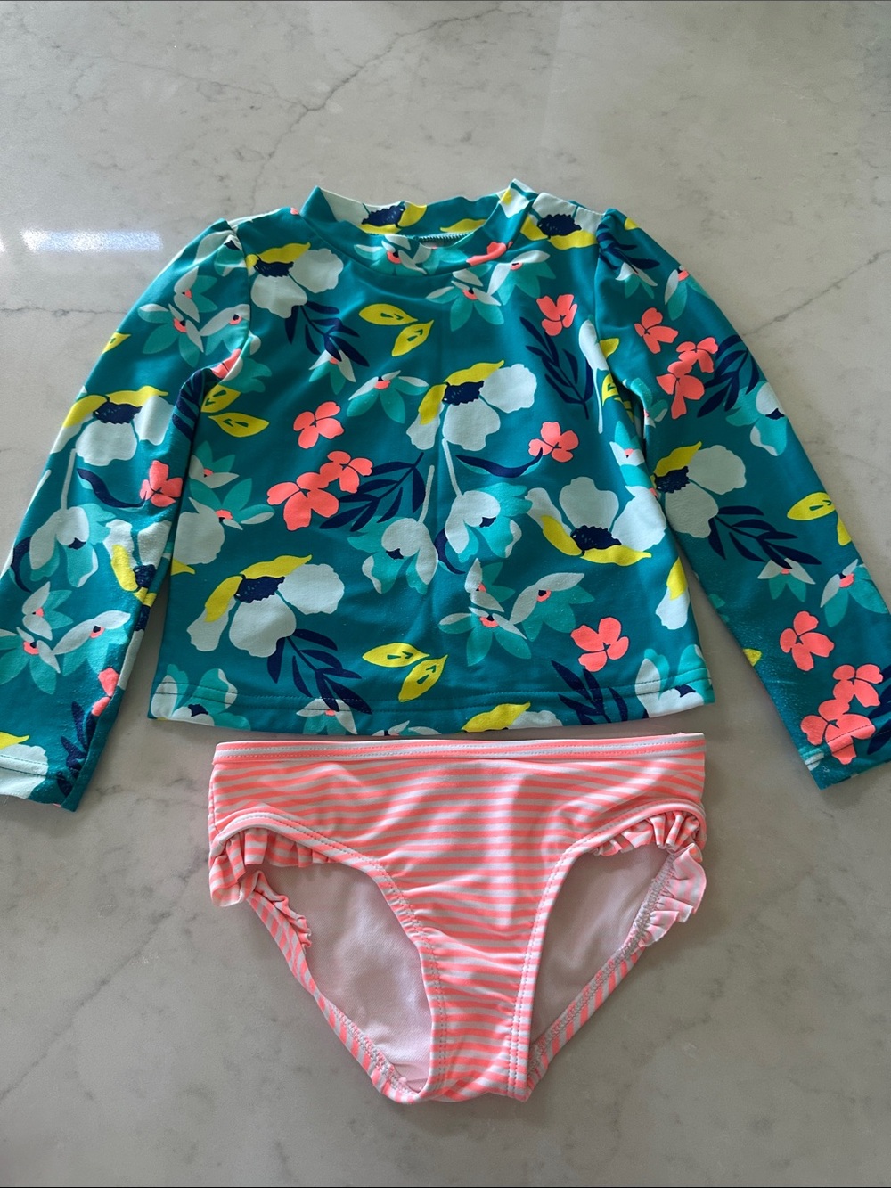 Girls Floral Long-Sleeve Rashguard Swim Set - Teal & Pink